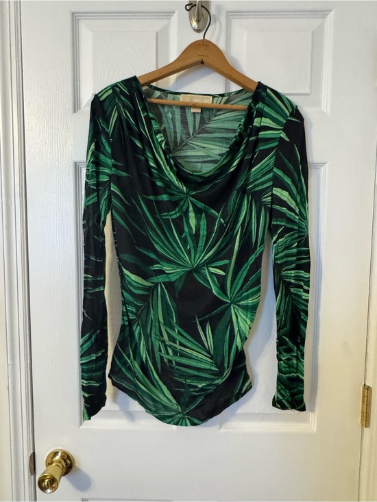 Michael Kors Tops - Michael Kors Black & Green Palm-Print Cowl Neck Long Sleeve Top